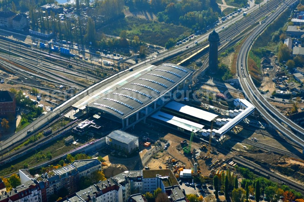 Berlin from above - Route expansion station - Warschauer road to east cross rail station Ostkreuz Friedrichshain district of Berlin