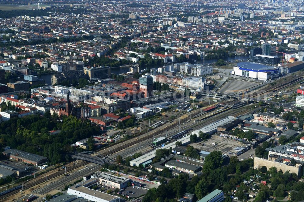 Aerial photograph Berlin Friedrichshain - Route expansion station - Warschauer road to east cross rail station in Friedrichshain district of Berlin