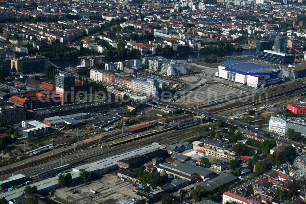 Berlin Friedrichshain from the bird's eye view: Route expansion station - Warschauer road to east cross rail station in Friedrichshain district of Berlin