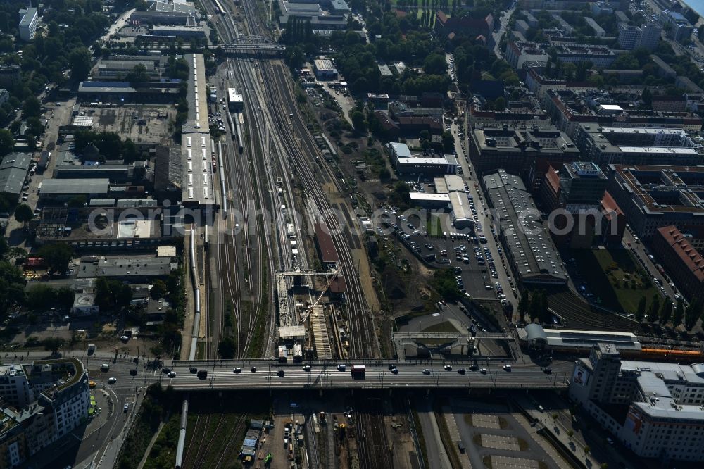 Aerial image Berlin Friedrichshain - Route expansion station - Warschauer road to east cross rail station in Friedrichshain district of Berlin