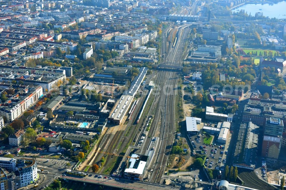 Berlin from above - Route expansion station - Warschauer road to east cross rail station in Friedrichshain district of Berlin