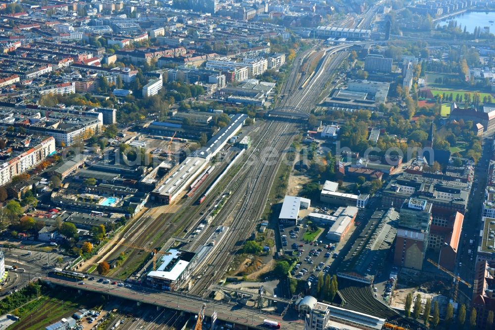 Berlin from the bird's eye view: Route expansion station - Warschauer road to east cross rail station in Friedrichshain district of Berlin