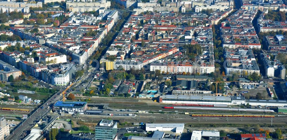 Aerial image Berlin - Route expansion station - Warschauer road to east cross rail station in Friedrichshain district of Berlin