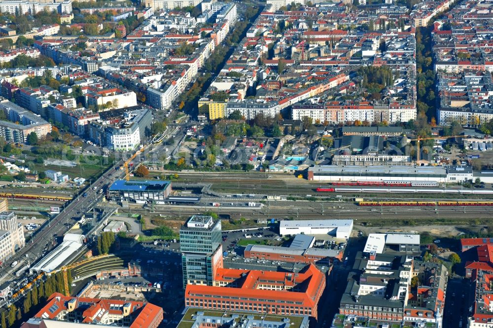 Berlin from above - Route expansion station - Warschauer road to east cross rail station in Friedrichshain district of Berlin