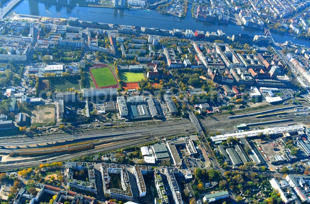 Berlin from above - Route expansion station - Warschauer road to east cross rail station in Friedrichshain district of Berlin