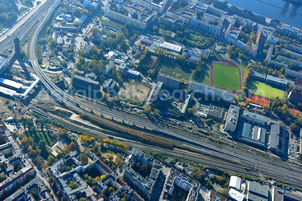 Berlin from above - Route expansion station - Warschauer road to east cross rail station in Friedrichshain district of Berlin