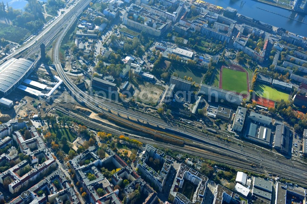 Berlin from the bird's eye view: Route expansion station - Warschauer road to east cross rail station in Friedrichshain district of Berlin