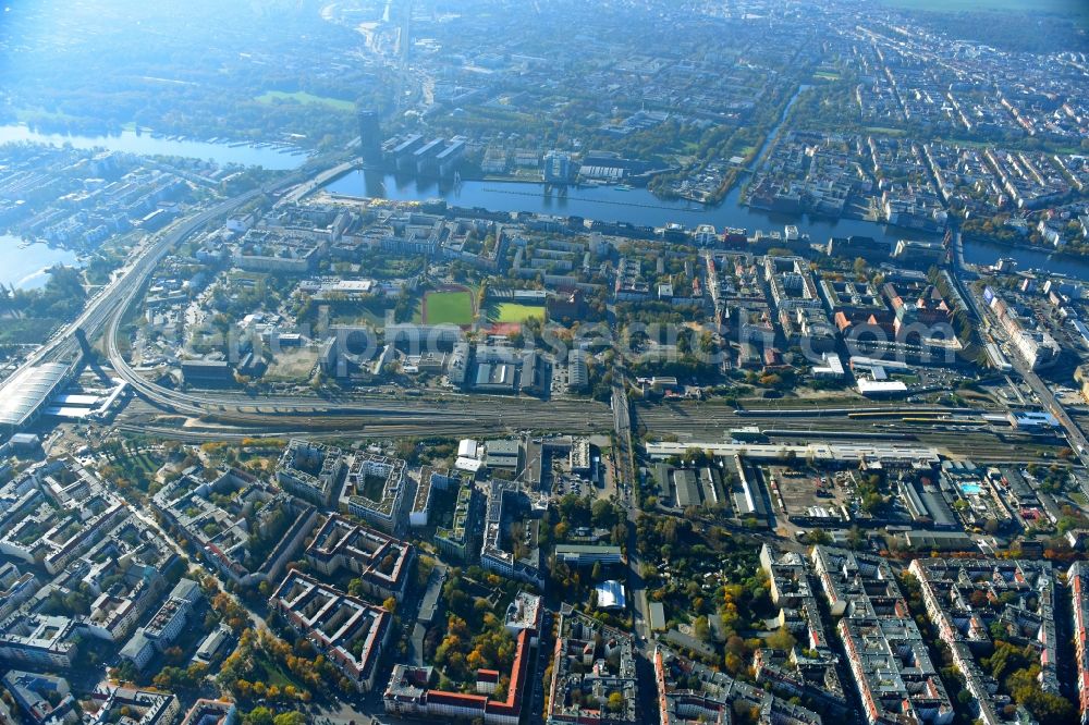 Aerial photograph Berlin - Route expansion station - Warschauer road to east cross rail station in Friedrichshain district of Berlin