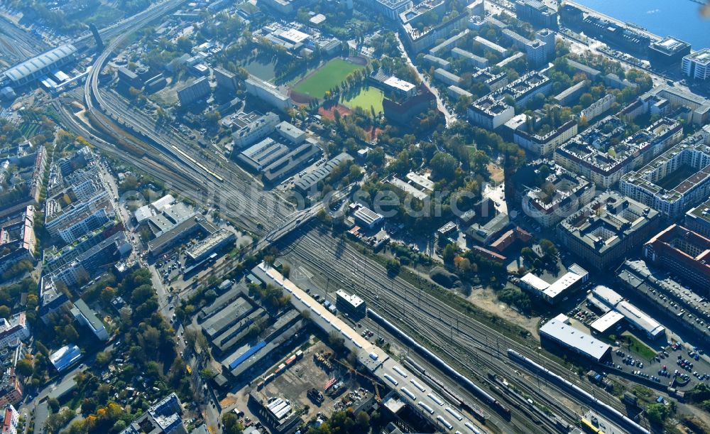 Berlin from above - Route expansion station - Warschauer road to east cross rail station in Friedrichshain district of Berlin