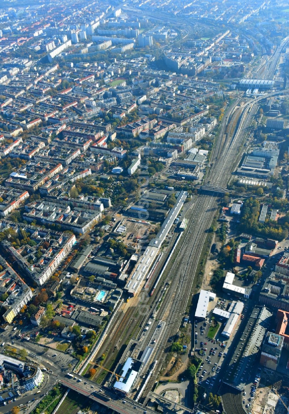 Berlin from the bird's eye view: Route expansion station - Warschauer road to east cross rail station in Friedrichshain district of Berlin