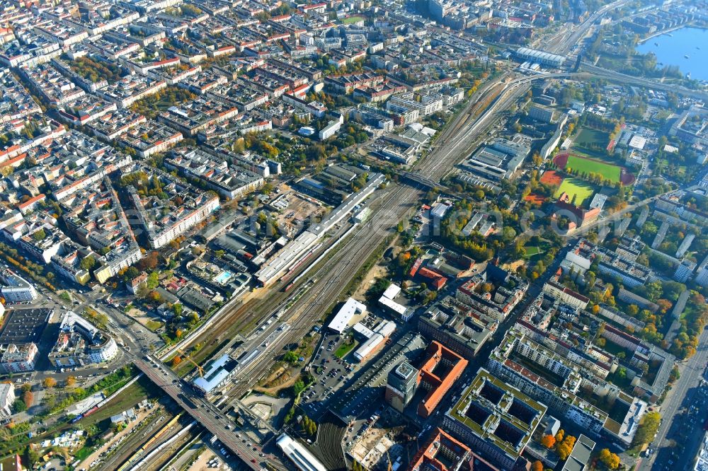 Aerial photograph Berlin - Route expansion station - Warschauer road to east cross rail station in Friedrichshain district of Berlin