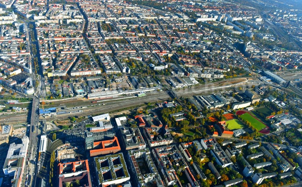 Berlin from above - Route expansion station - Warschauer road to east cross rail station in Friedrichshain district of Berlin