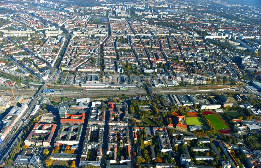 Berlin from the bird's eye view: Route expansion station - Warschauer road to east cross rail station in Friedrichshain district of Berlin