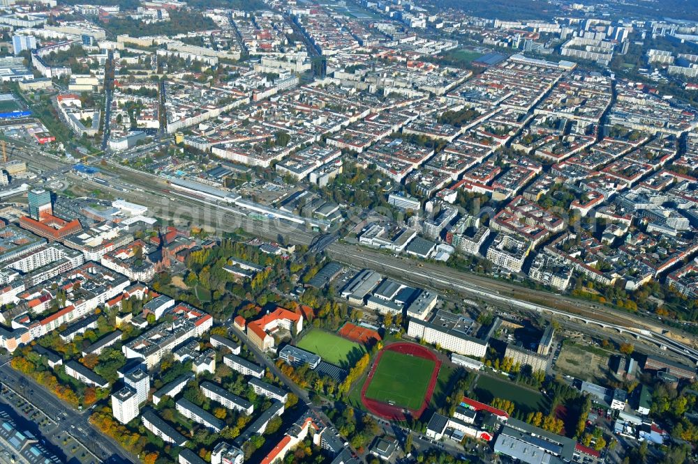 Aerial image Berlin - Route expansion station - Warschauer road to east cross rail station in Friedrichshain district of Berlin