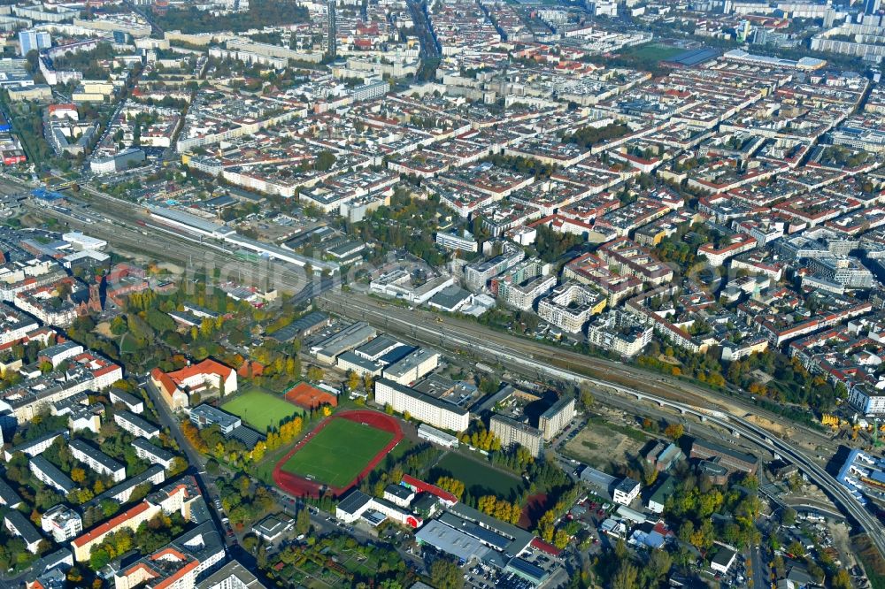 Aerial photograph Berlin - Route expansion station - Warschauer road to east cross rail station in Friedrichshain district of Berlin