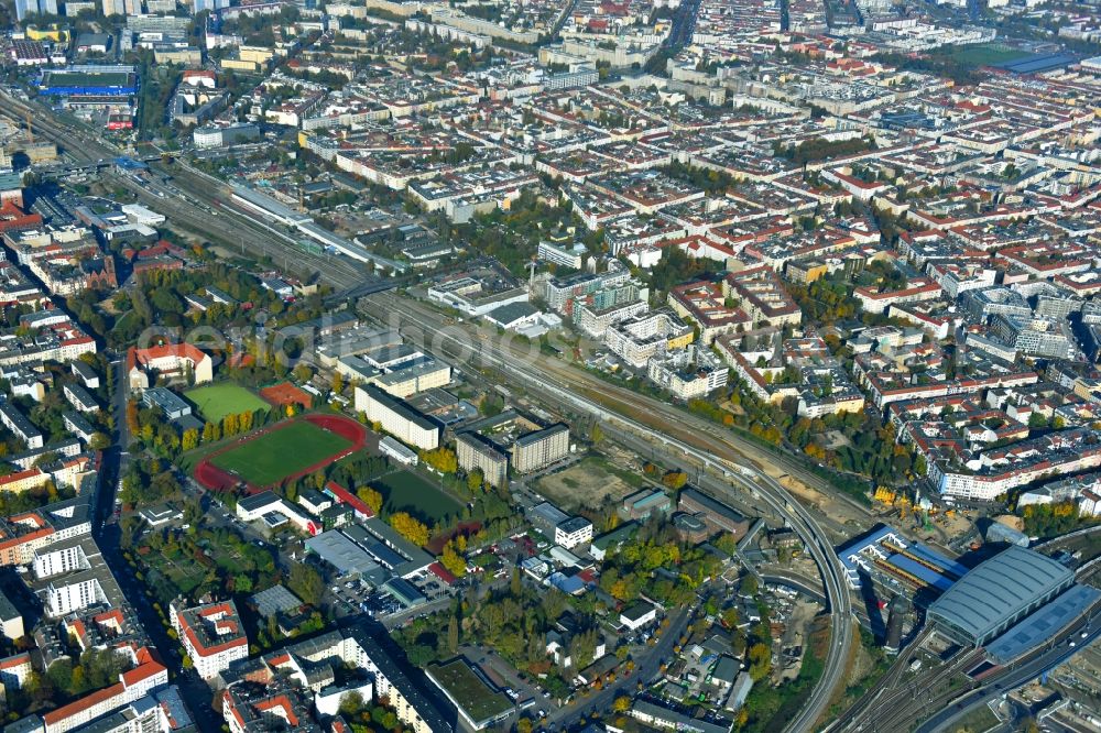 Berlin from above - Route expansion station - Warschauer road to east cross rail station in Friedrichshain district of Berlin