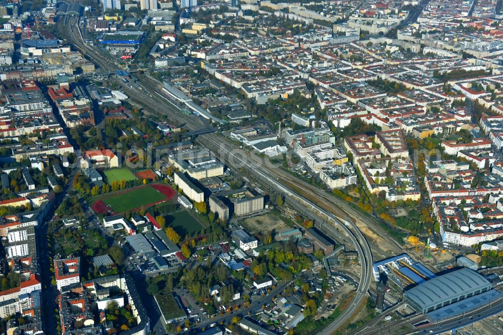 Berlin from the bird's eye view: Route expansion station - Warschauer road to east cross rail station in Friedrichshain district of Berlin