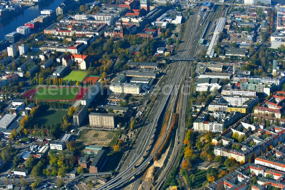 Aerial image Berlin - Route expansion station - Warschauer road to east cross rail station in Friedrichshain district of Berlin