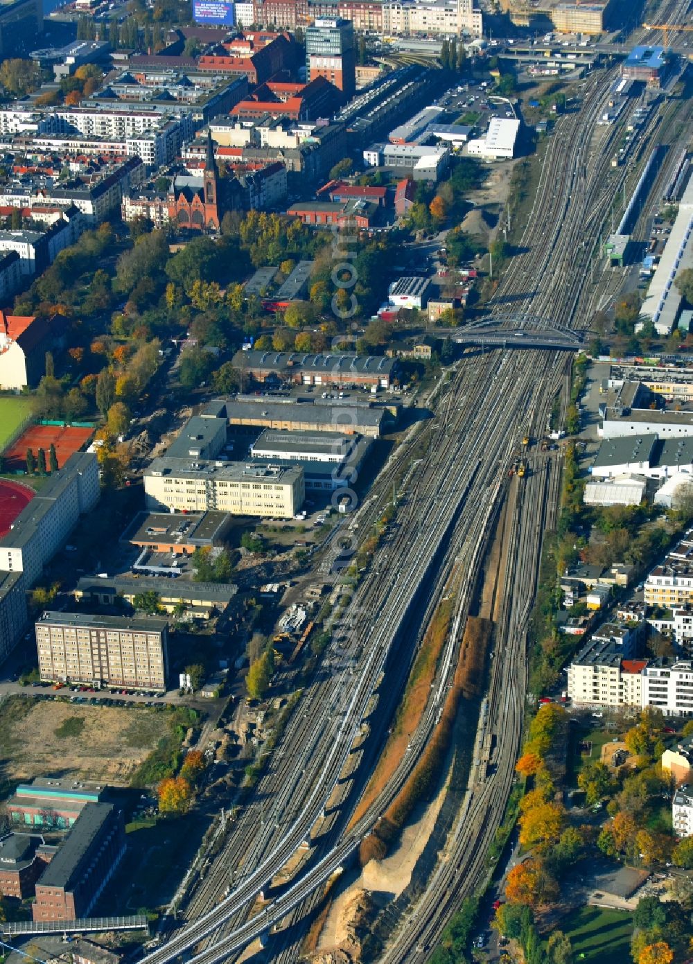 Aerial photograph Berlin - Route expansion station - Warschauer road to east cross rail station in Friedrichshain district of Berlin