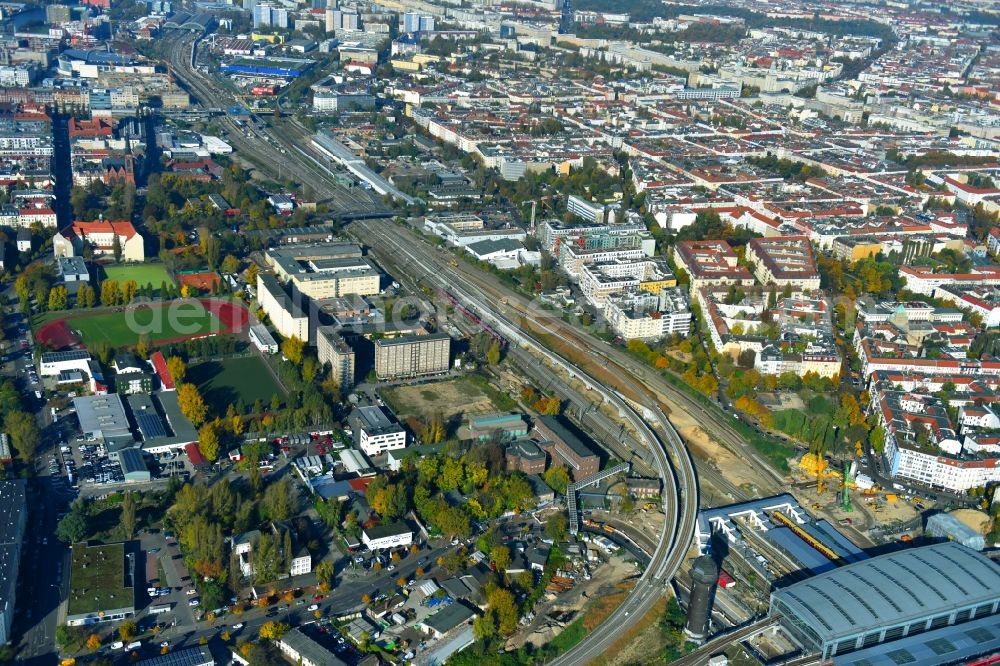 Aerial image Berlin - Route expansion station - Warschauer road to east cross rail station in Friedrichshain district of Berlin