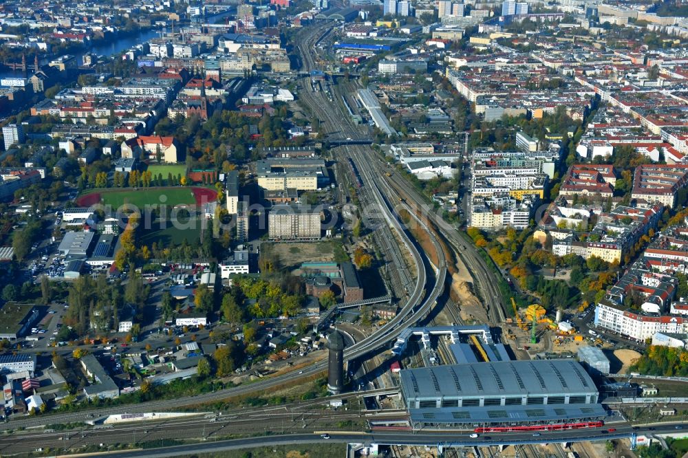 Aerial photograph Berlin - Route expansion station - Warschauer road to east cross rail station in Friedrichshain district of Berlin