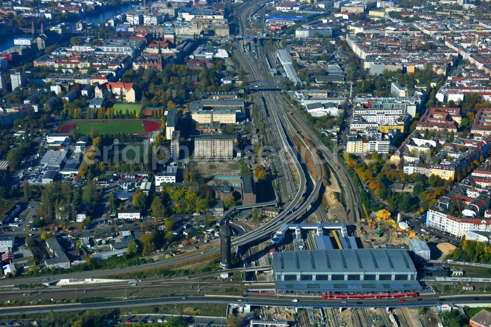 Berlin from above - Route expansion station - Warschauer road to east cross rail station in Friedrichshain district of Berlin