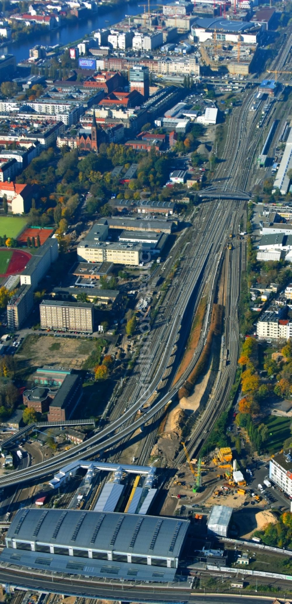 Aerial photograph Berlin - Route expansion station - Warschauer road to east cross rail station in Friedrichshain district of Berlin