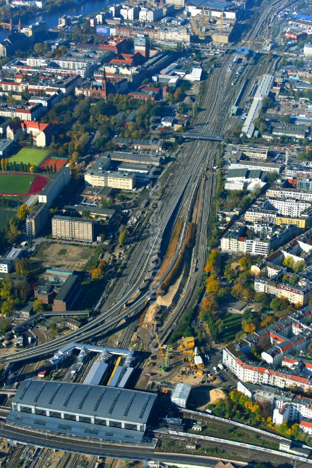 Berlin from above - Route expansion station - Warschauer road to east cross rail station in Friedrichshain district of Berlin