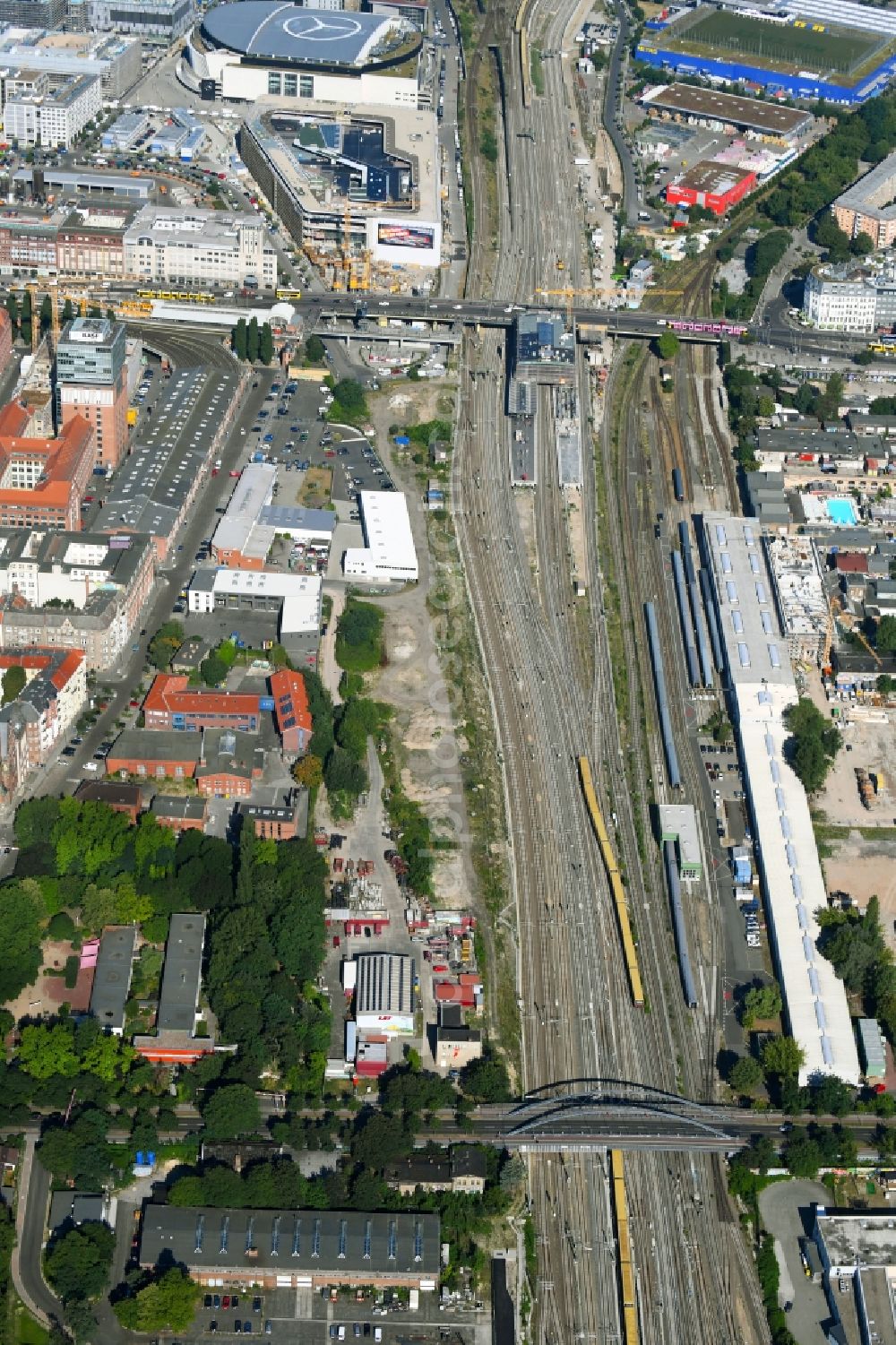 Berlin from above - Route expansion station - Warschauer road to east cross rail station in Friedrichshain district of Berlin