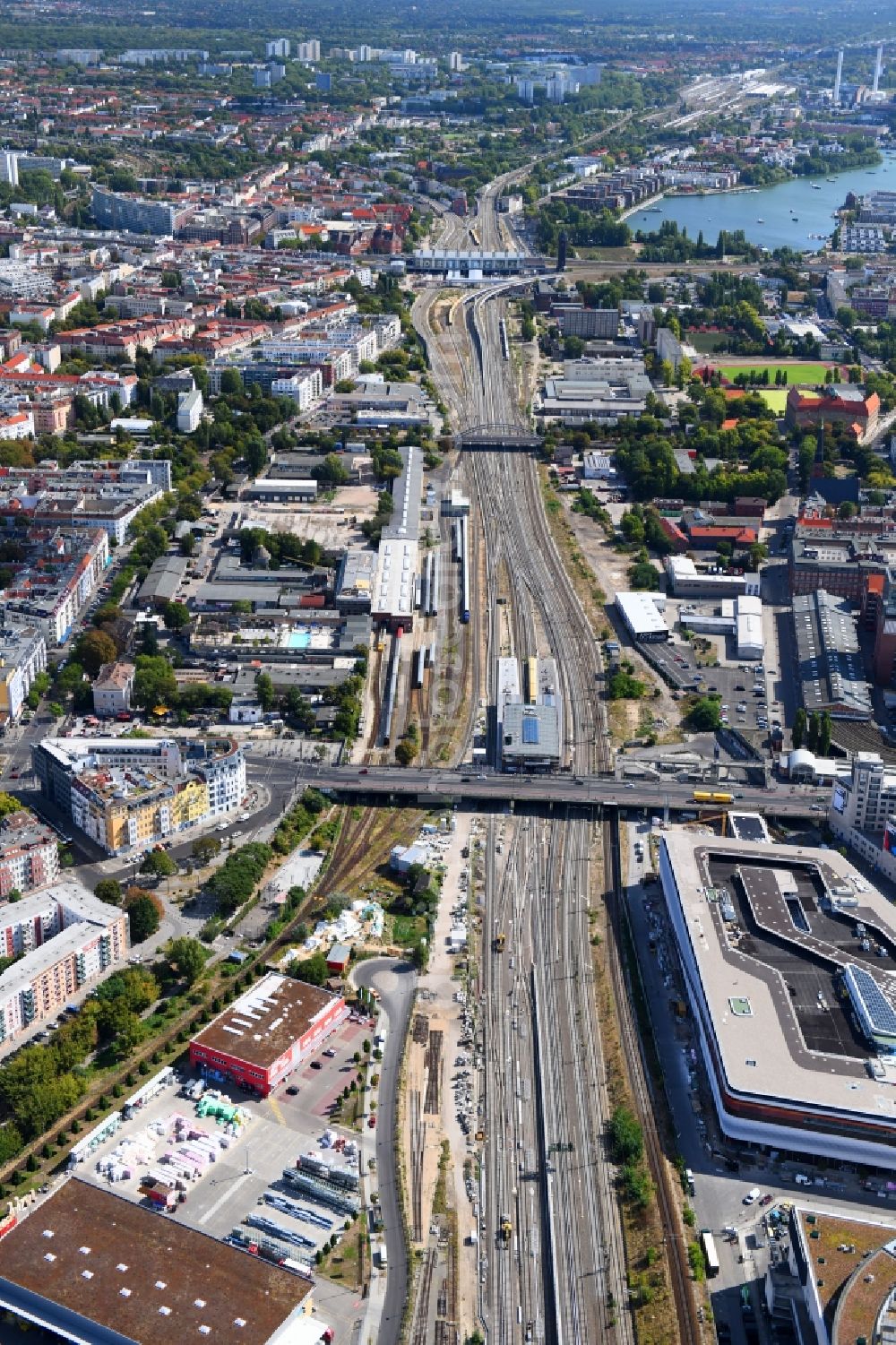 Berlin from above - Route expansion station - Warschauer road to east cross rail station in Friedrichshain district of Berlin