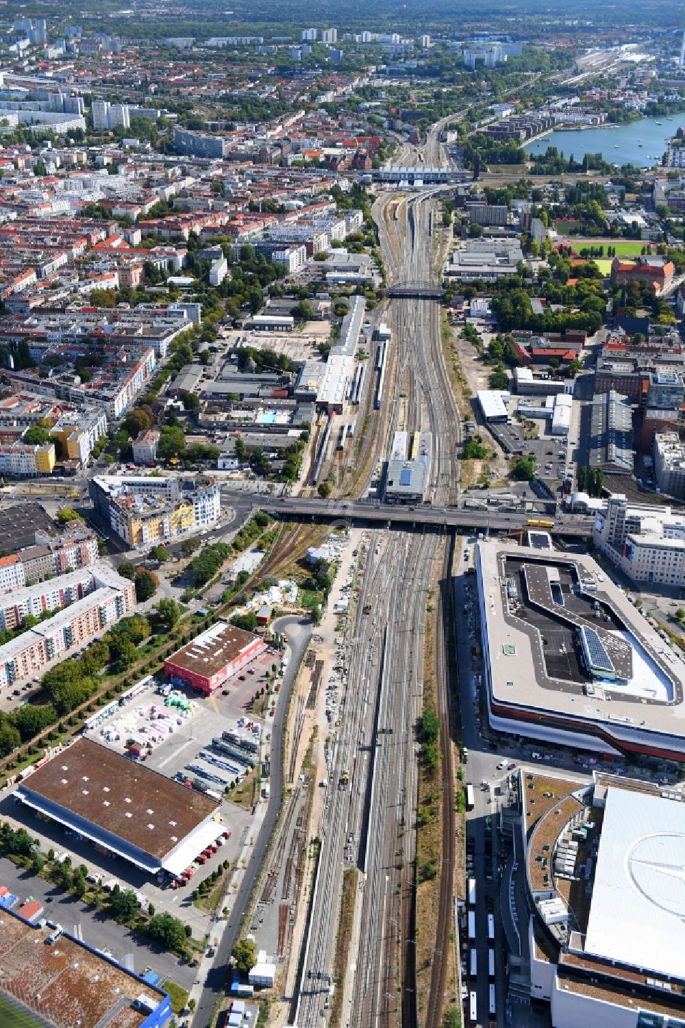 Aerial image Berlin - Route expansion station - Warschauer road to east cross rail station in Friedrichshain district of Berlin