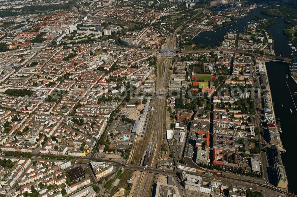 Aerial photograph Berlin - Route expansion station - Warschauer road to east cross rail station in Friedrichshain district of Berlin