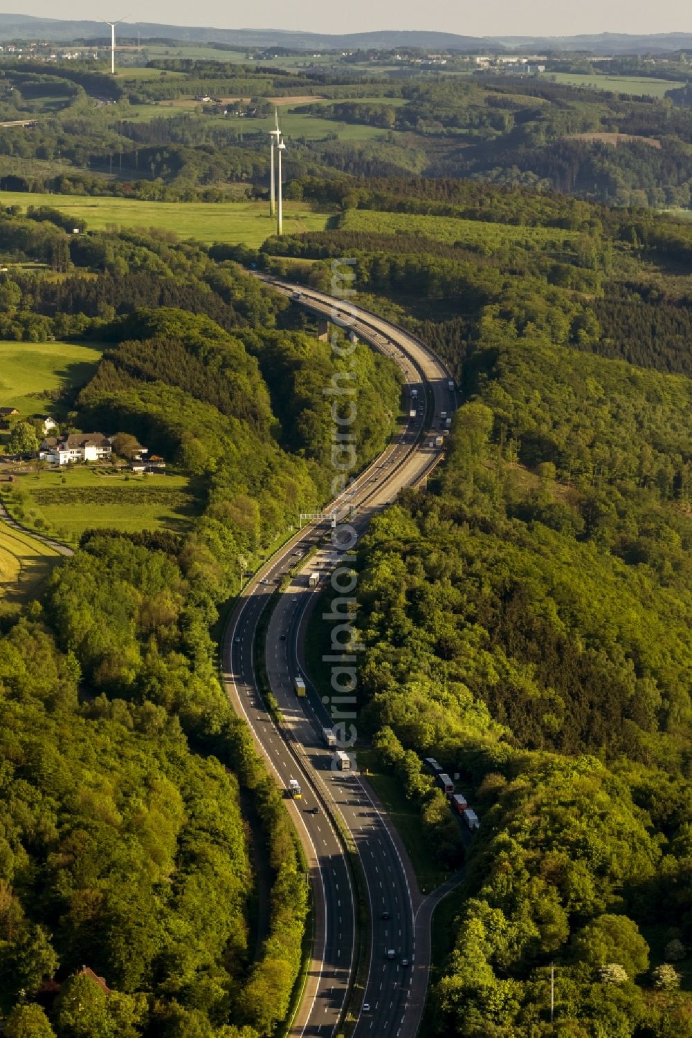 Aerial photograph Hagen - Streckenverlauf der Sauerlandlinie Autobahn BAB A45 bei Hagen in Nordrhein-Westfalen