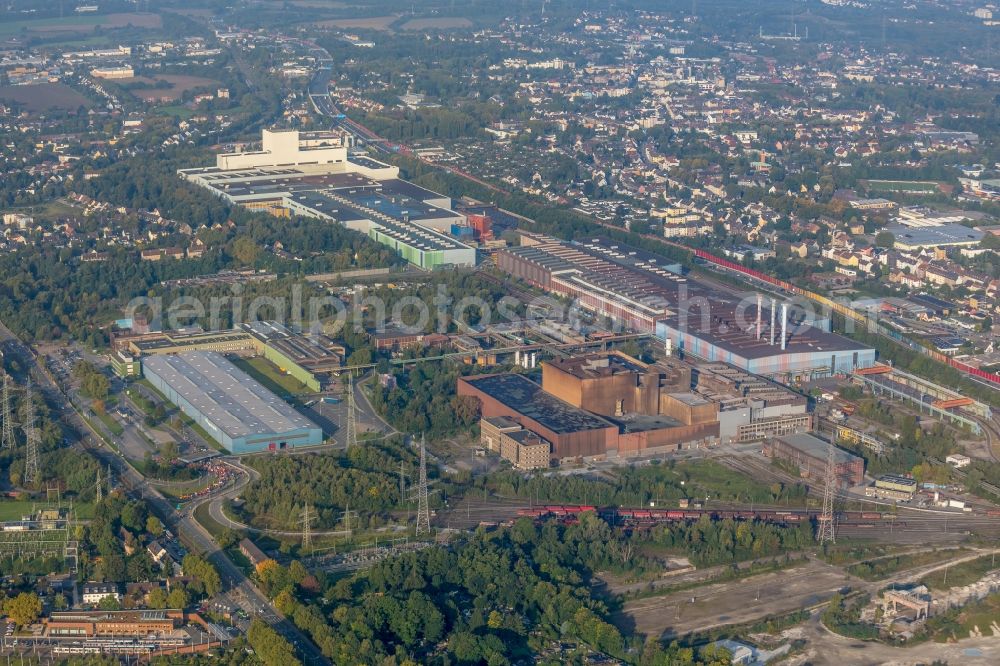 Bochum from the bird's eye view: Demonstration against FusionsBuilding and production halls on the premises of thyssenkrupp Steel Europe AG in Bochum in the state North Rhine-Westphalia, Germany