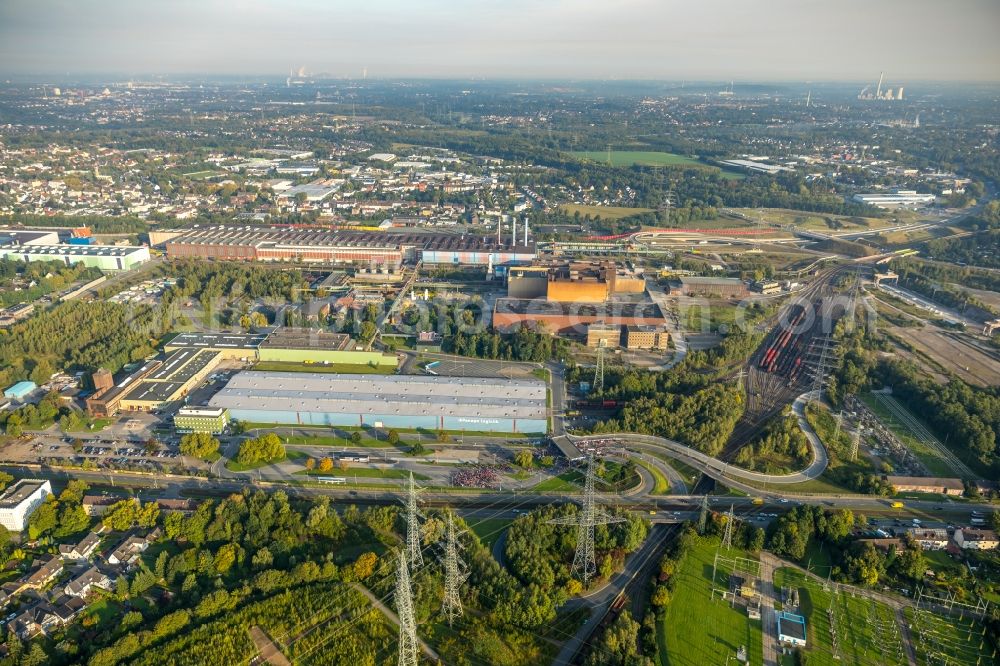 Bochum from the bird's eye view: Demonstration against FusionsBuilding and production halls on the premises of thyssenkrupp Steel Europe AG in Bochum in the state North Rhine-Westphalia, Germany