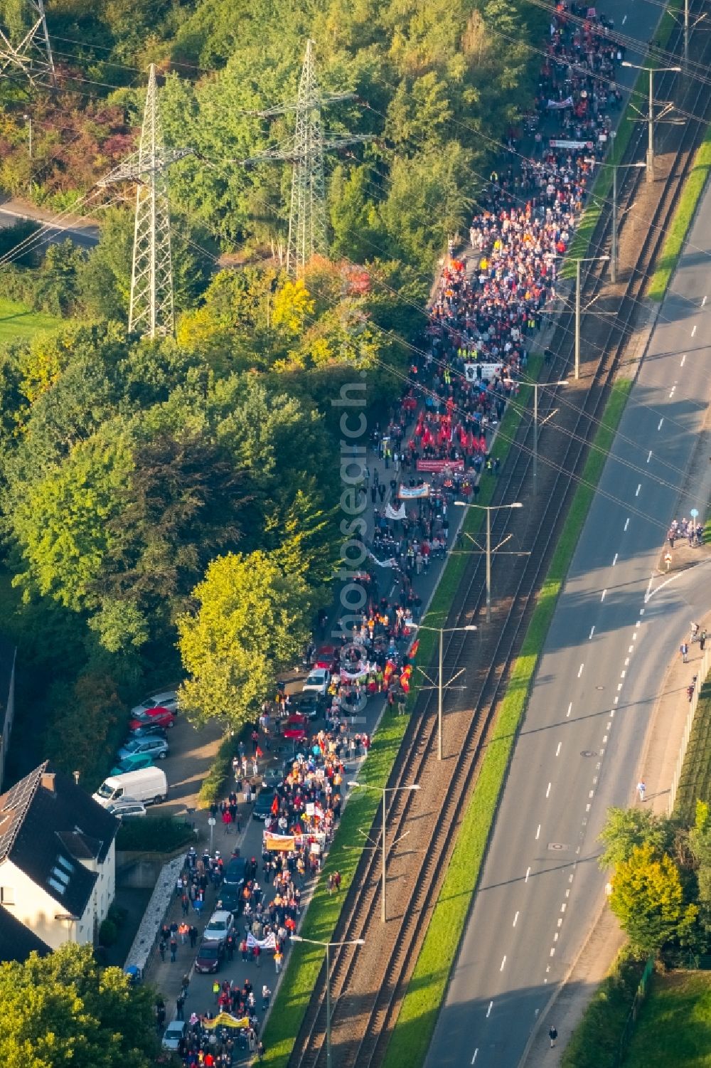 Bochum from above - Demonstration against FusionsBuilding and production halls on the premises of thyssenkrupp Steel Europe AG in Bochum in the state North Rhine-Westphalia, Germany