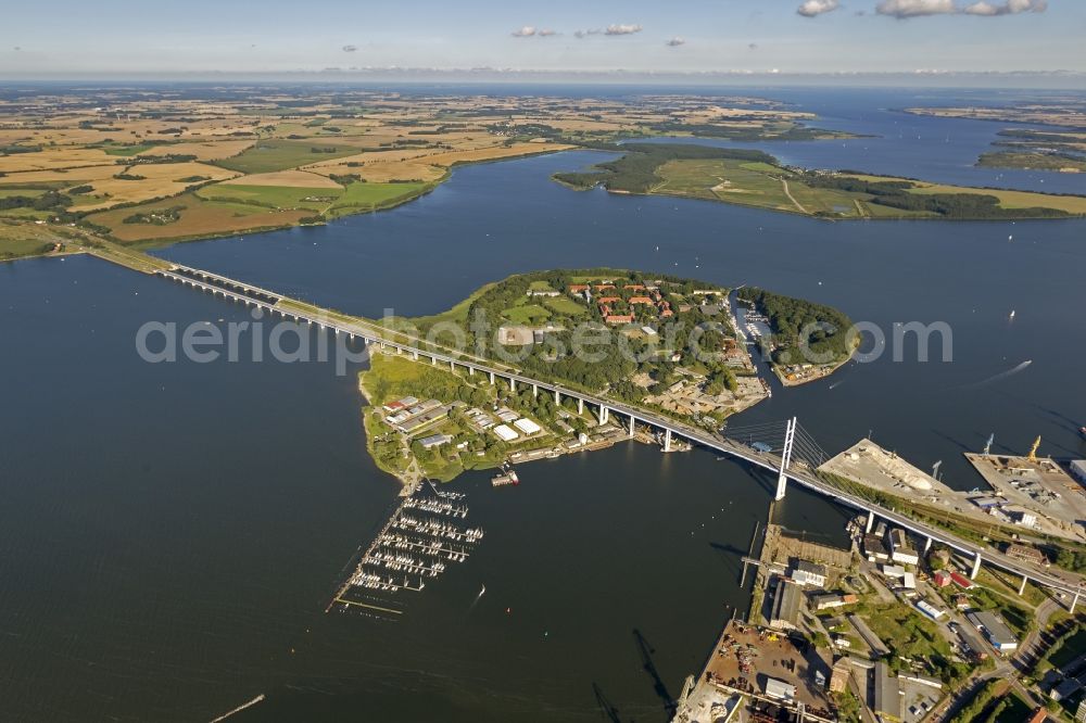 Stralsund from above - The Strelasund / Rügenbrücke with Rügendamm before Stralsund's old town in the state of Mecklenburg-Western Pomerania