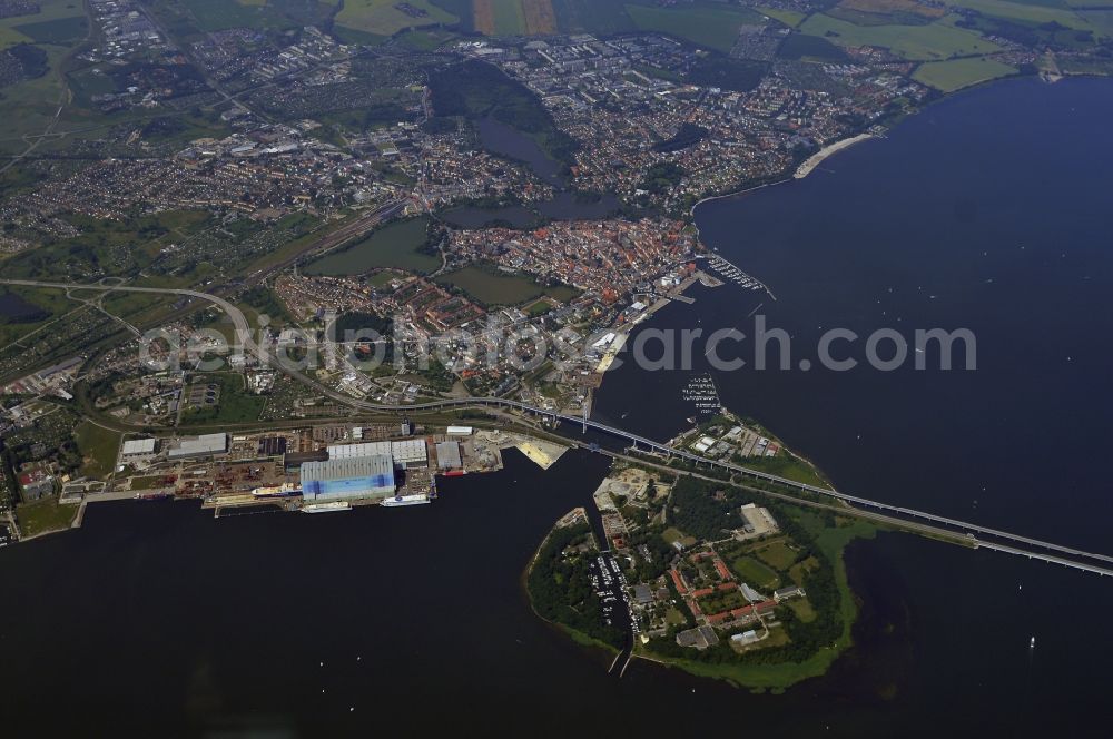 Aerial image Stralsund - The Strelasund / Rügenbrücke with Rügendamm before Stralsund's old town in the state of Mecklenburg-Western Pomerania