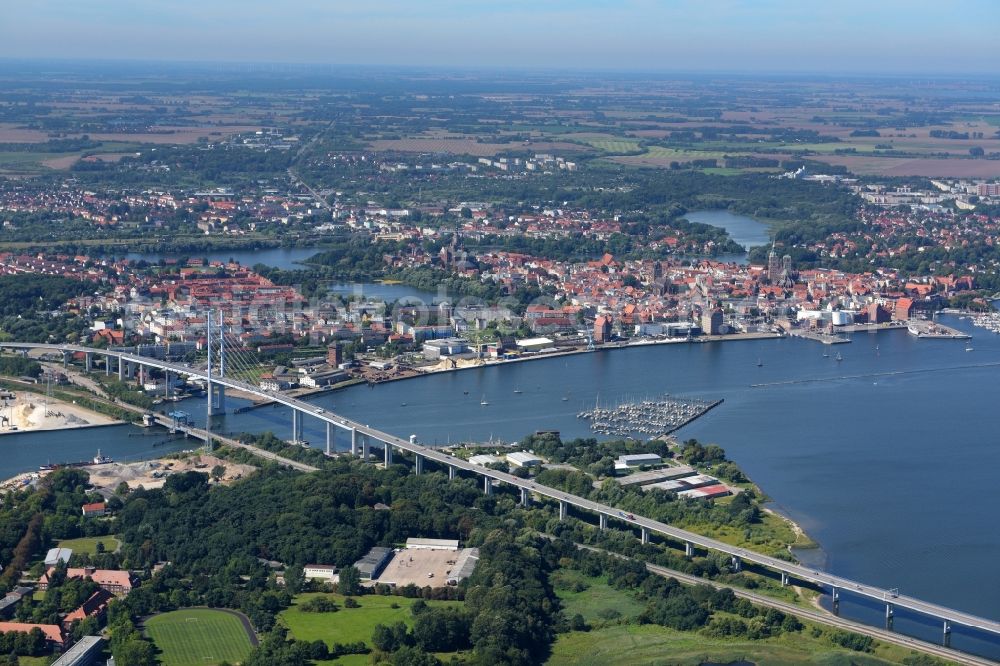 Stralsund from above - The Strelasund -Ruegenbruecke with Ruegendamm before Stralsund's old town in the state of Mecklenburg-Western Pomerania