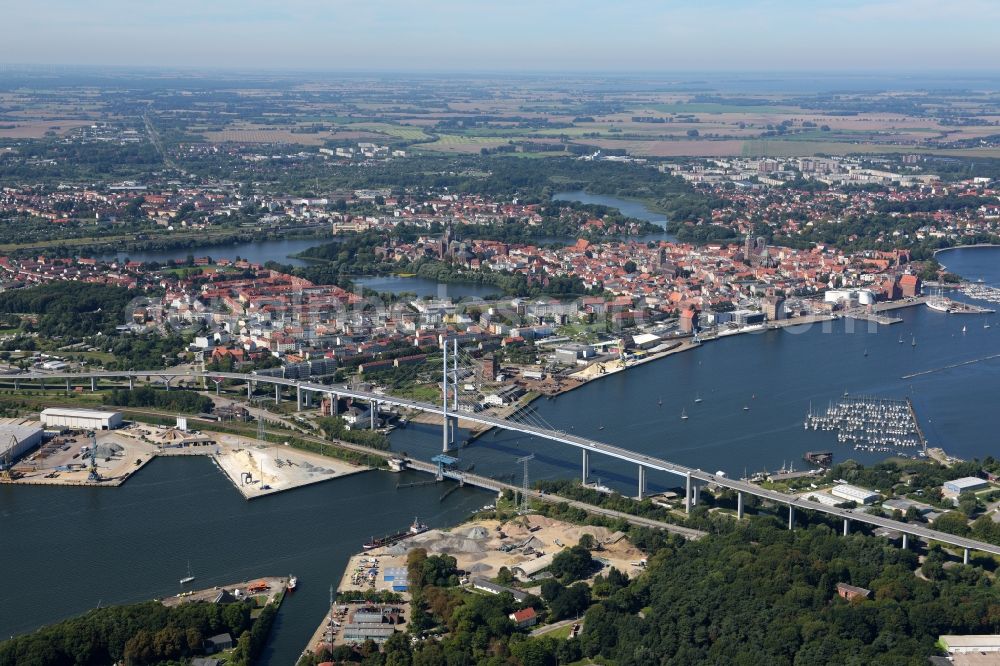 Aerial image Stralsund - The Strelasund -Ruegenbruecke with Ruegendamm before Stralsund's old town in the state of Mecklenburg-Western Pomerania