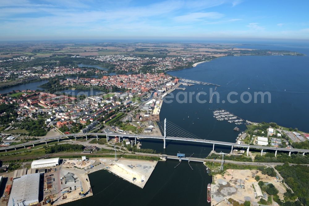 Stralsund from the bird's eye view: The Strelasund -Ruegenbruecke with Ruegendamm before Stralsund's old town in the state of Mecklenburg-Western Pomerania