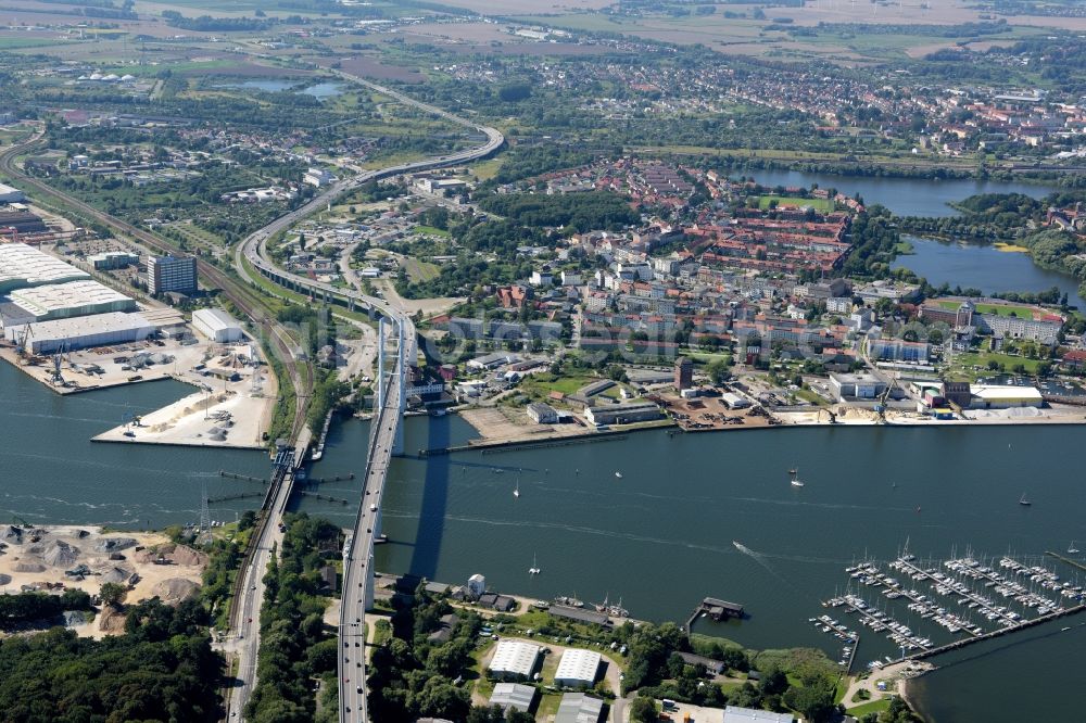 Stralsund from the bird's eye view: The Strelasund -Ruegenbruecke with Ruegendamm before Stralsund's old town in the state of Mecklenburg-Western Pomerania