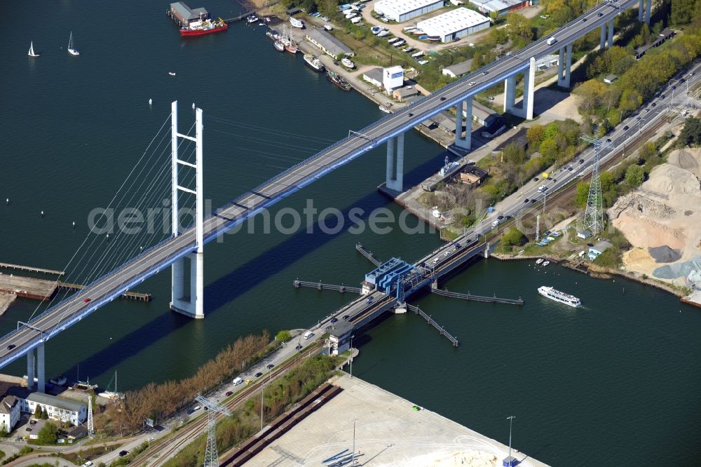 Stralsund from above - The Strelasund -Ruegenbruecke with Ruegendamm before Stralsund's old town in the state of Mecklenburg-Western Pomerania