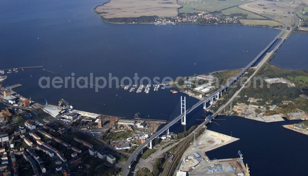 Stralsund from above - The Strelasund -Ruegenbruecke with Ruegendamm before Stralsund's old town in the state of Mecklenburg-Western Pomerania