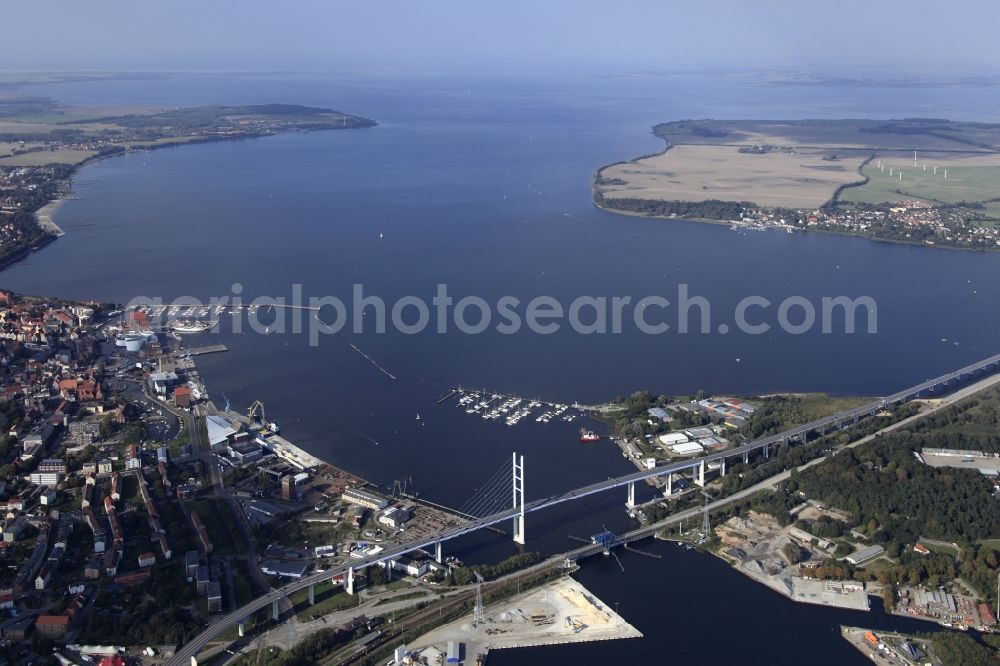 Stralsund from the bird's eye view: The Strelasund -Ruegenbruecke with Ruegendamm before Stralsund's old town in the state of Mecklenburg-Western Pomerania