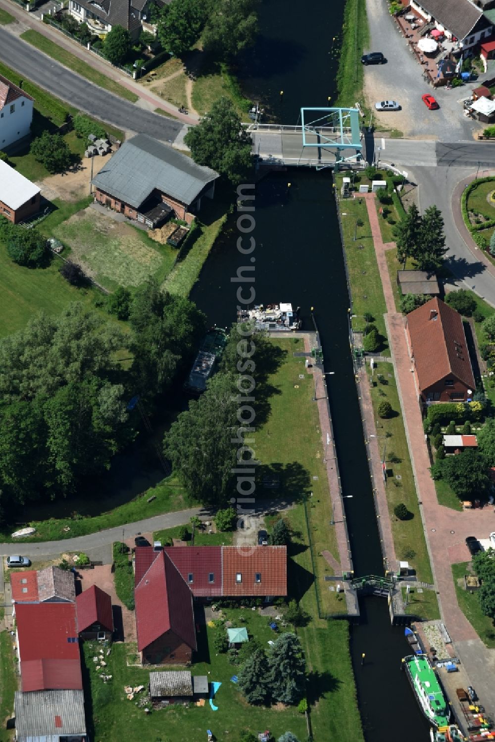 Banzkow from above - Stoercanal with sluice in Banzkow in the state Mecklenburg - Western Pomerania