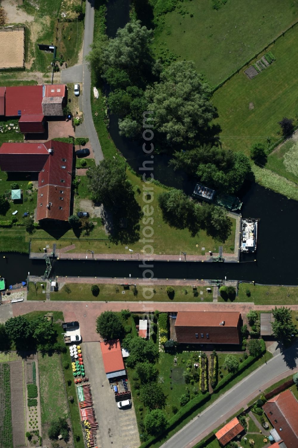 Banzkow from the bird's eye view: Stoercanal with sluice in Banzkow in the state Mecklenburg - Western Pomerania