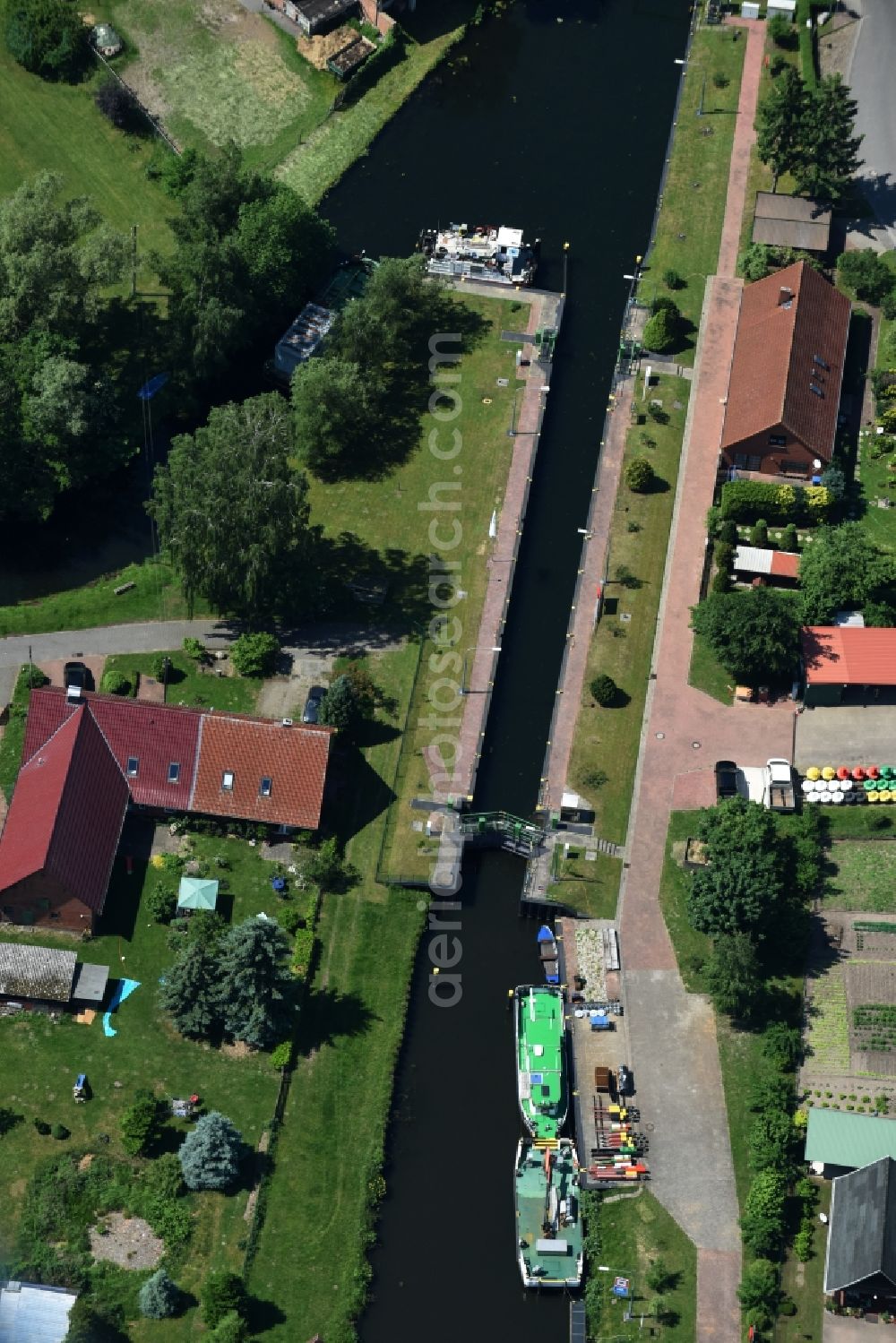 Banzkow from above - Stoercanal with sluice in Banzkow in the state Mecklenburg - Western Pomerania