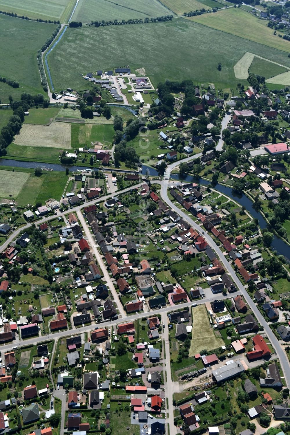 Banzkow from above - Stoercanal with sluice and Muehlengraben with weir in Banzkow in the state Mecklenburg - Western Pomerania