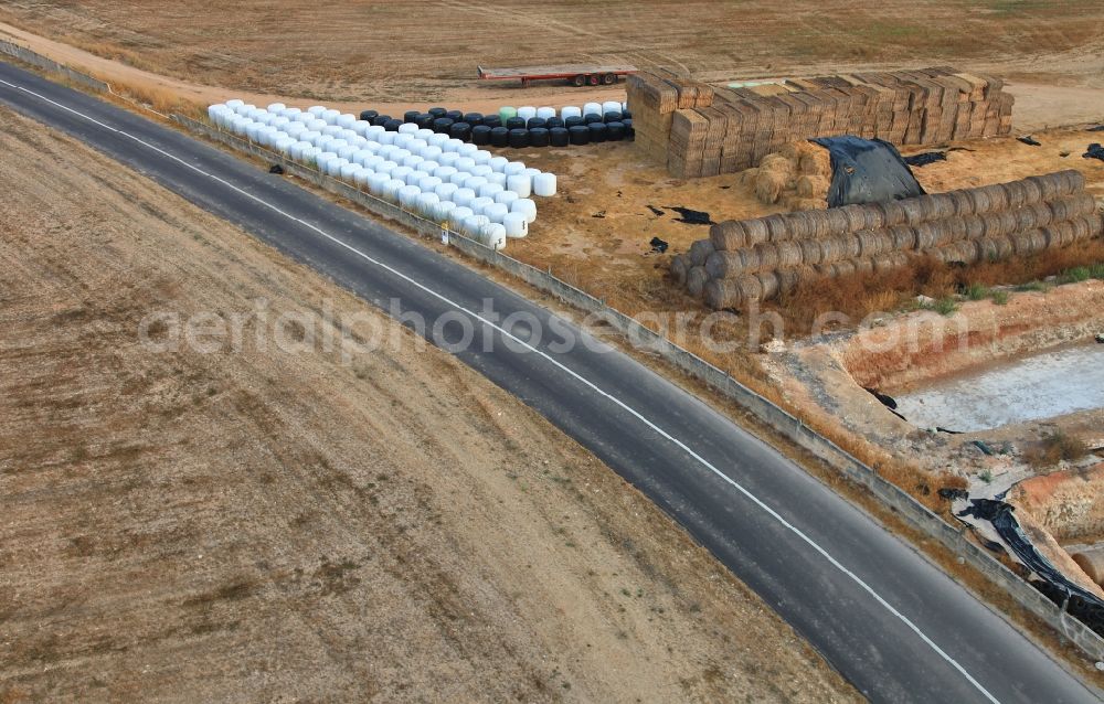 Aerial image Manacor - Straw bale landscape in a field on the outskirts in Manacor in Mallorca in Balearic Islands, Spain